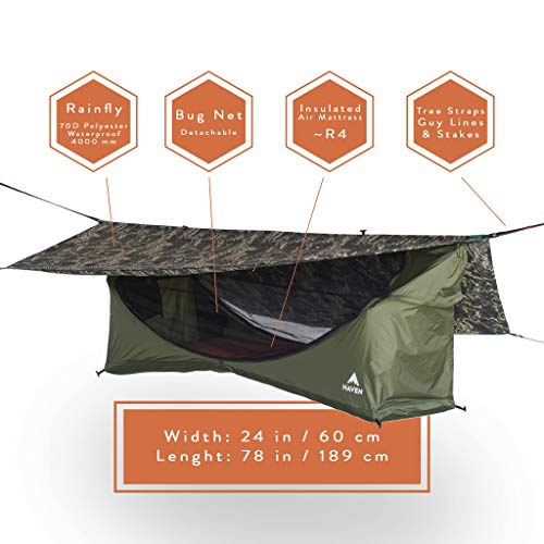 Haven Tents Lay Flat Hammock Tent - Waterproof Tent & Camping Hammock with Mosquito Net - Includes Insulated Pad and Rainfly - Haven Tent, Haven XL