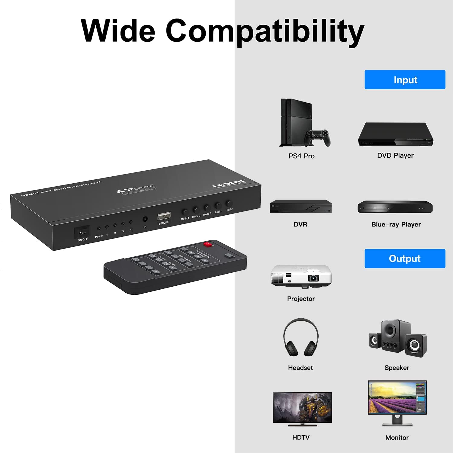 HDMI Multiviewer Switch 4x1,PORTTA HDMI Quad Multi-Viewer Seamless Switcher 4 in 1 Out with Loop, Audio Extractor to Stereo,4K
