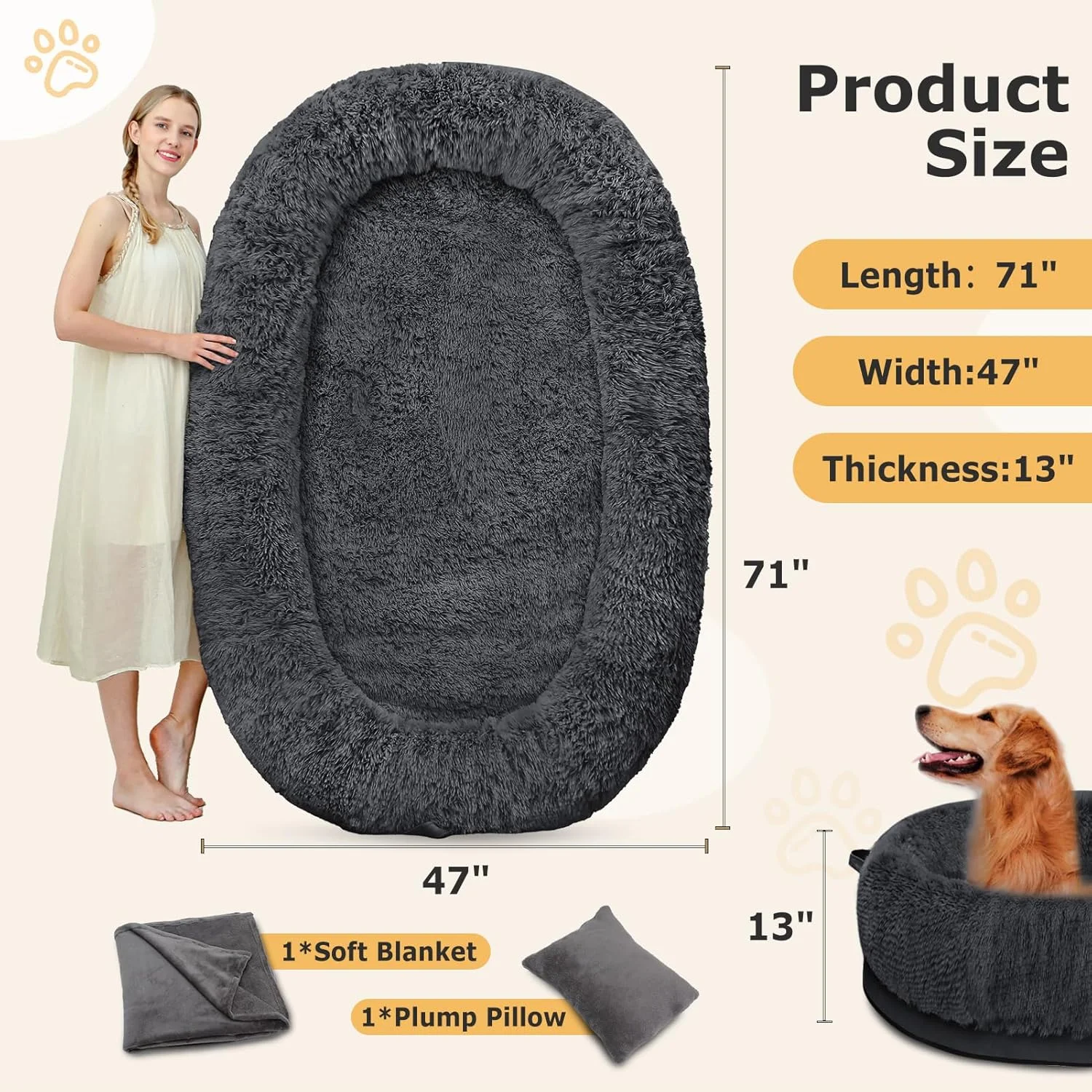 SWITTE Human Dog Bed for Adult, 71"x47"x13" Washable Large Human Size Dog Bed with Blanket for People Doze Off