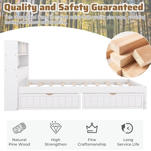 Twin Size Platform Bed with Bookcase Headboard, USB Charging Station and Downlight,Wood Twin Capatain Bed Frames with 2 Storage Drawers