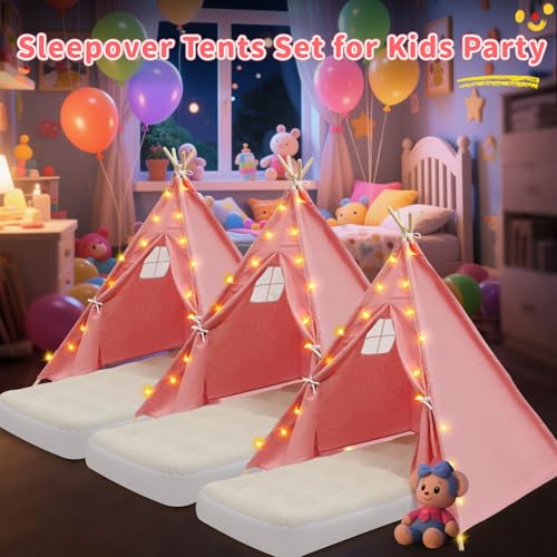 6 Pack Teepee Tent for Kids [Thickened] with Light String and Inflatable Airbed, Slumber Party Tents
