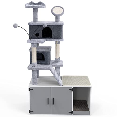 GDLF Cat Litter Box Enclosure,All-in-One Large Cat Tree with Washroom and Sisal Scratching Post & Pad 65”