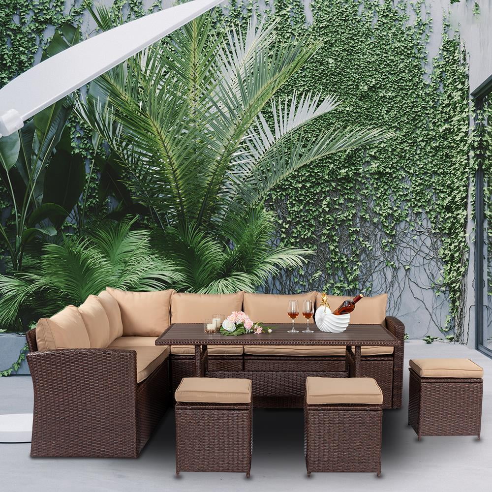 Zimtown 8PCS Wicker Rattan Couch Conversation Set Brown, Patio Dining Set, Rattan Furniture, Module Sofa Set for Garden, Yard