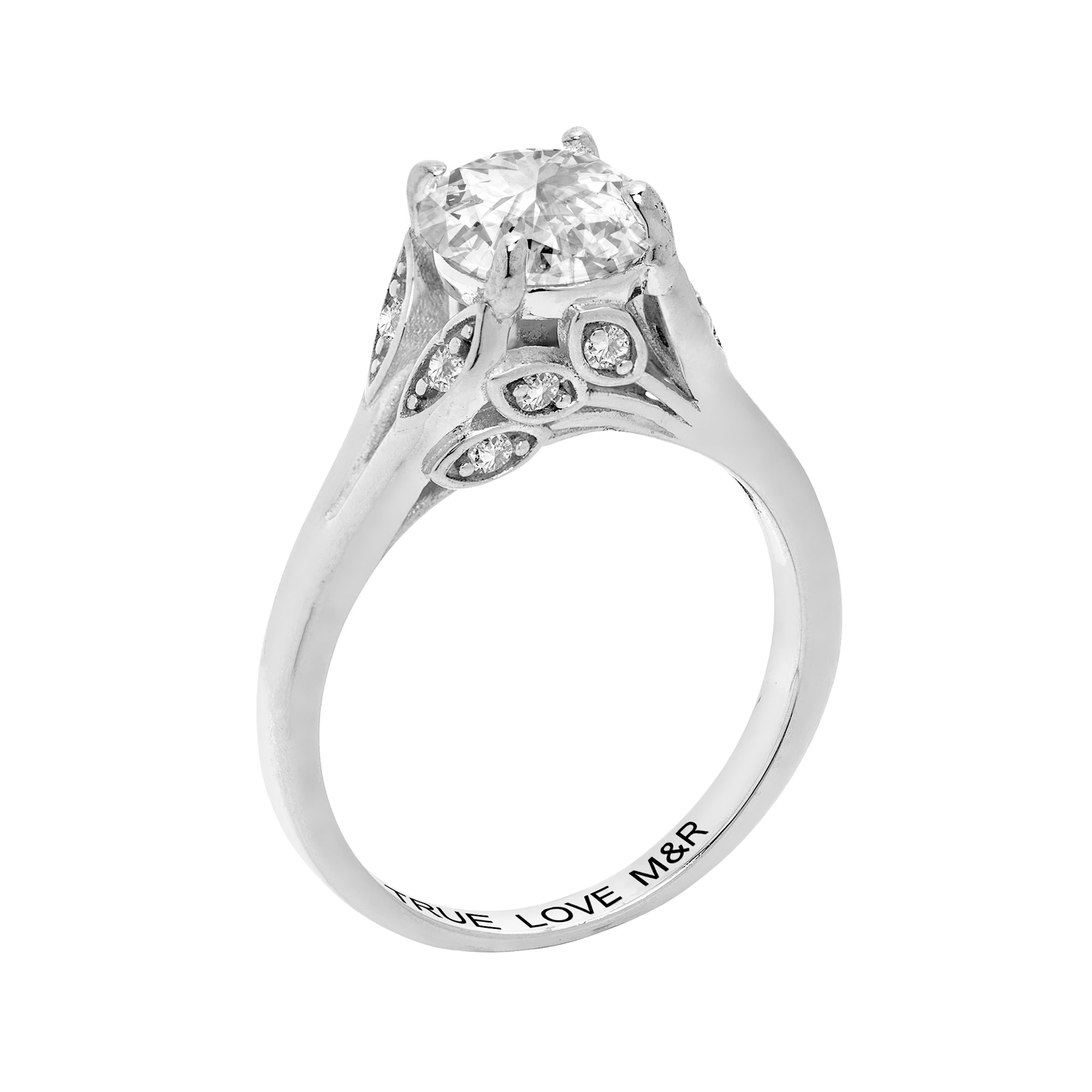 Vow & Forever Personalized Planet Bridal Platinum over Sterling Silver Brilliant White Topaz with Leaf Detail Engraved Wedding Ring ,Women's