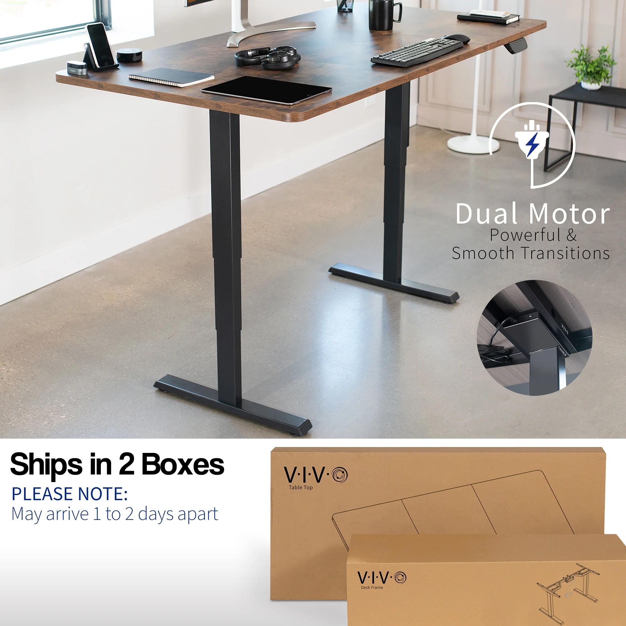 VIVO Electric 71&rdquo;x36&rdquo; Stand Up Desk, Rustic Vintage Brown Table Top, Black Frame