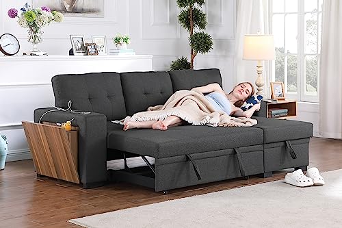Devion Furniture Regis 4-in-1 Convertible L Shaped Couch with Pull Out Bed and Storage, Sectional Sleeper Sofa with Reversible Chaise for Living Room