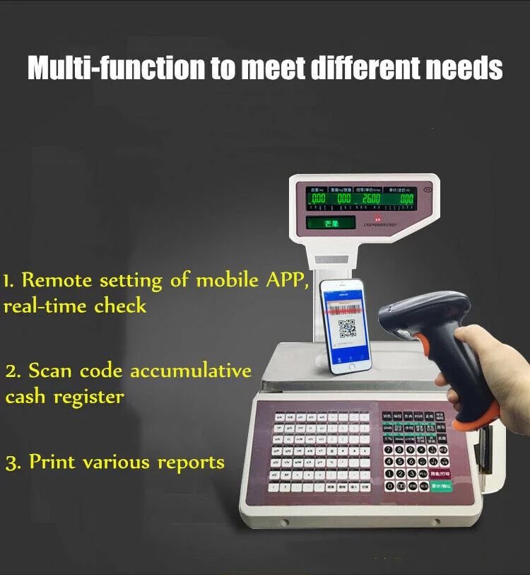 Price Computing Scale with Thermal Label Printer Up to 66lb Weighing Range Pole Display Scale for Supermarket (with Mobile APP) Electronic Weight