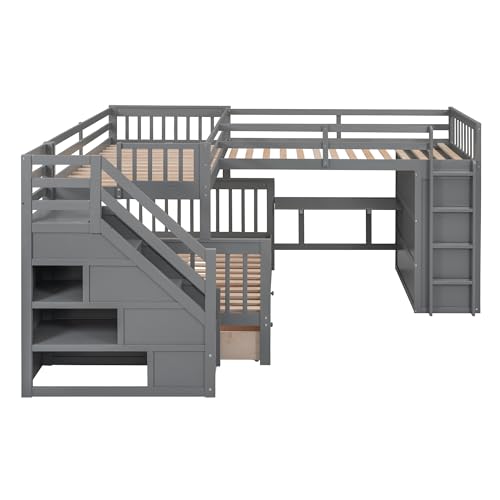 L-Shape Triple Bunk Beds with Stairs and Desk, Wood Twin-Over-Full Bunk Bed with Storage Wardrobe, Shelves and Drawers