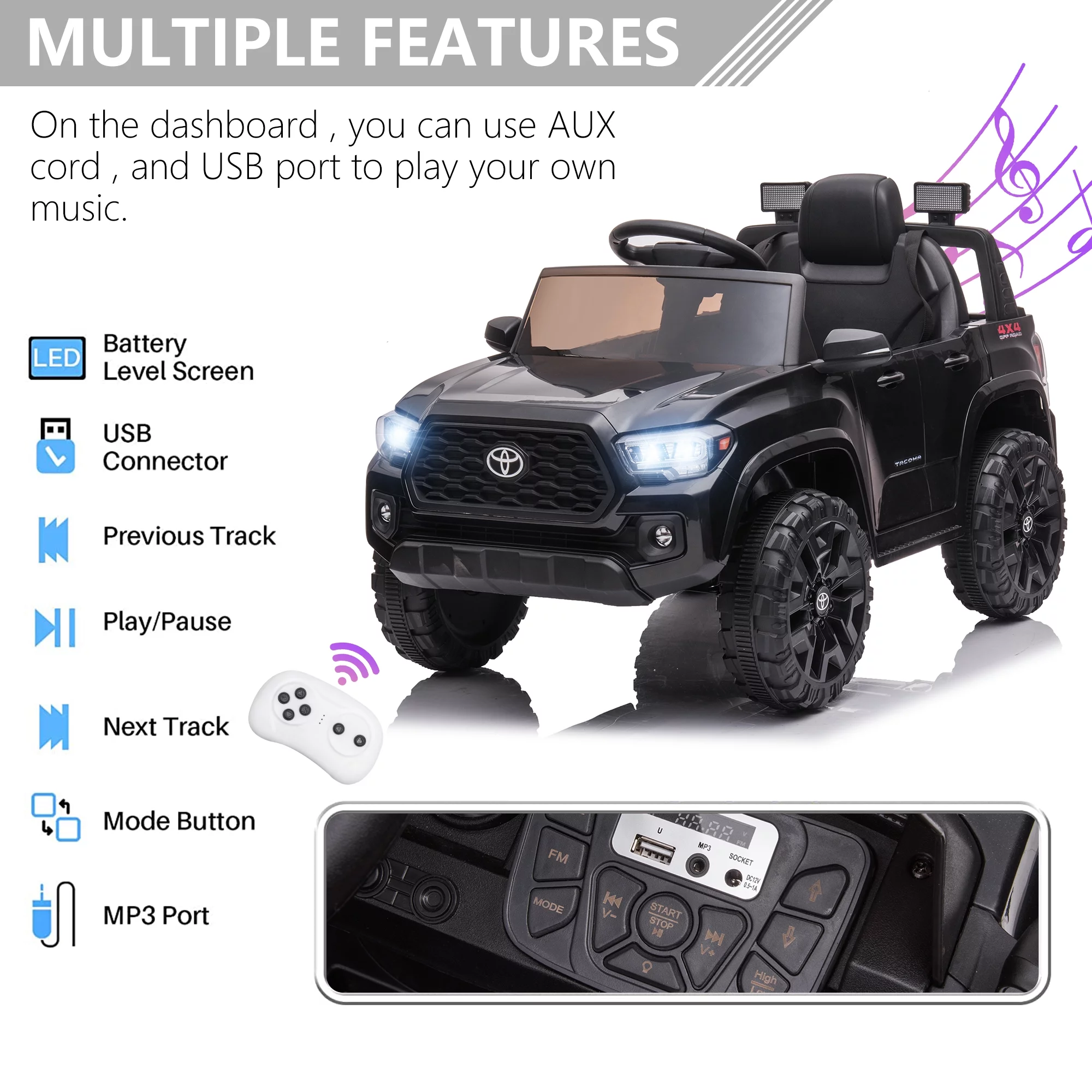 Licensed Toyota Tacoma Electric Ride on Vehicle for Kids, 12V Powered Ride on Car Toys with Remote Control, LED Lights, MP3 Player, Gray