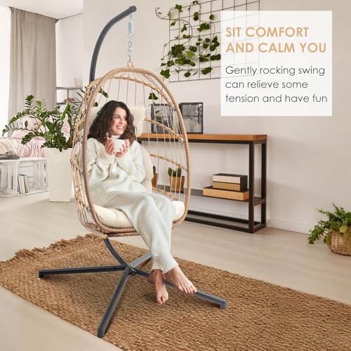 Brafab Hanging Egg Chair with Stand and Footrest, Wicker Egg Swing Chair Indoor Outdoor Aluminum-Steel Frame and UV Resistant Cushion