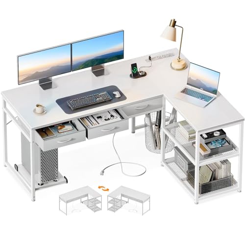 AODK 53 Inch L Shaped Computer Desk with Drawers, Corner Desk with Power Outlets & Reversible Storage Shelves