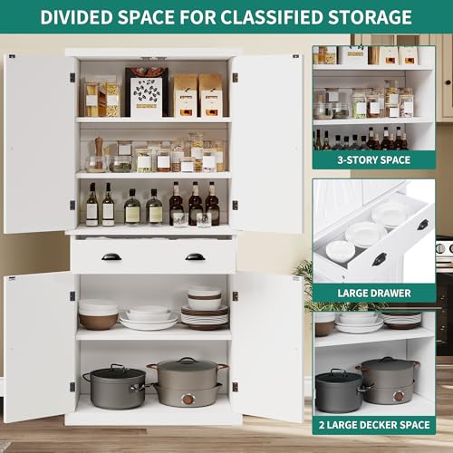 YITAHOME 72'' Tall Kitchen Pantry Cabinets, Farmhouse Storage Cabinets with Barn Doors, Drawer ＆ Adjustable Shelves