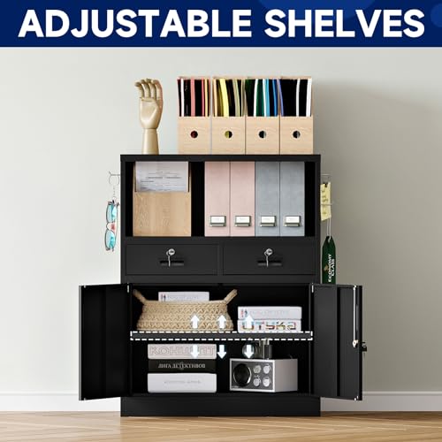 Yizosh Locking Cabinet with 2 Drawers, Metal Storage Cabinet with Locking Doors and Shelves - 41.3" Steel Lockable Storage Cabinet