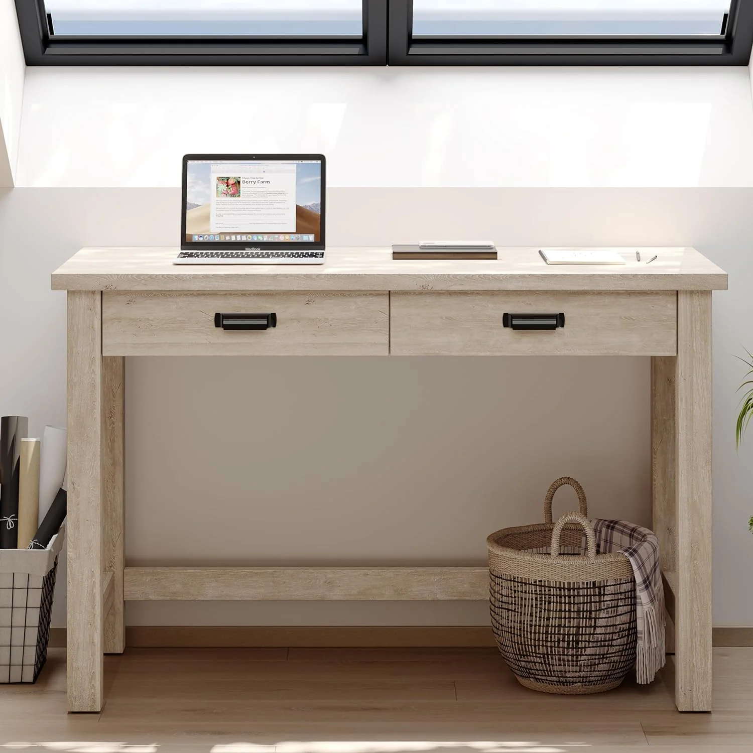 Wooden Writing Desk with Two  Drawers  Simple Writing Computer Desk with Charging Ports  47 Inch Study Desk for Small Spaces
