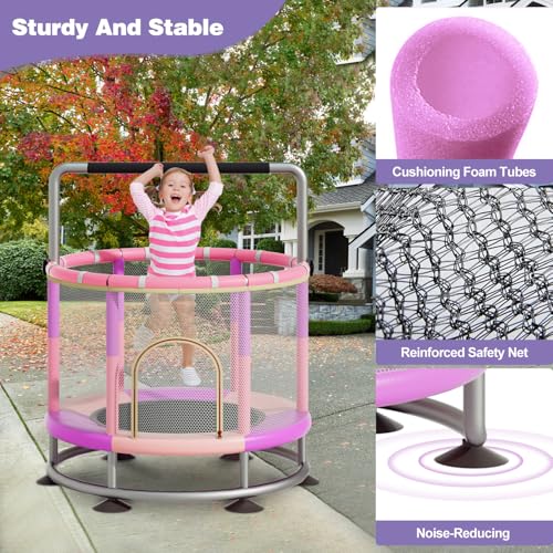 60" Trampoline for Kids, Anti-Rollover Round Bottom Baby Toddler Trampoline with Basketball Hoop, Indoor/Outdoor Kid Trampoline with Enclosure Net
