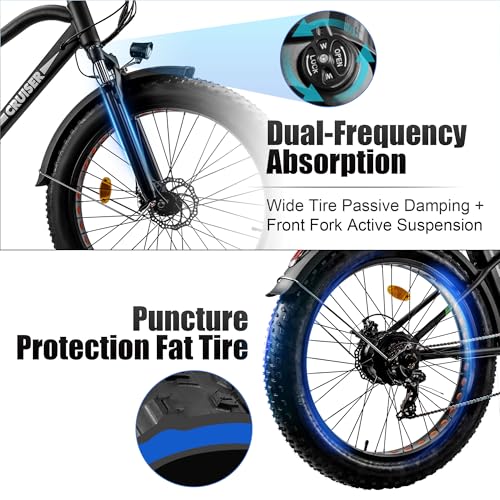 NAKTO 26" Electric Bike for Adults, 4.0" Fat Tire E-Bike with Peak 1500W Powerful Rear Hub Motor and Disc Brakes, Electric Bicycle with Battery Lock
