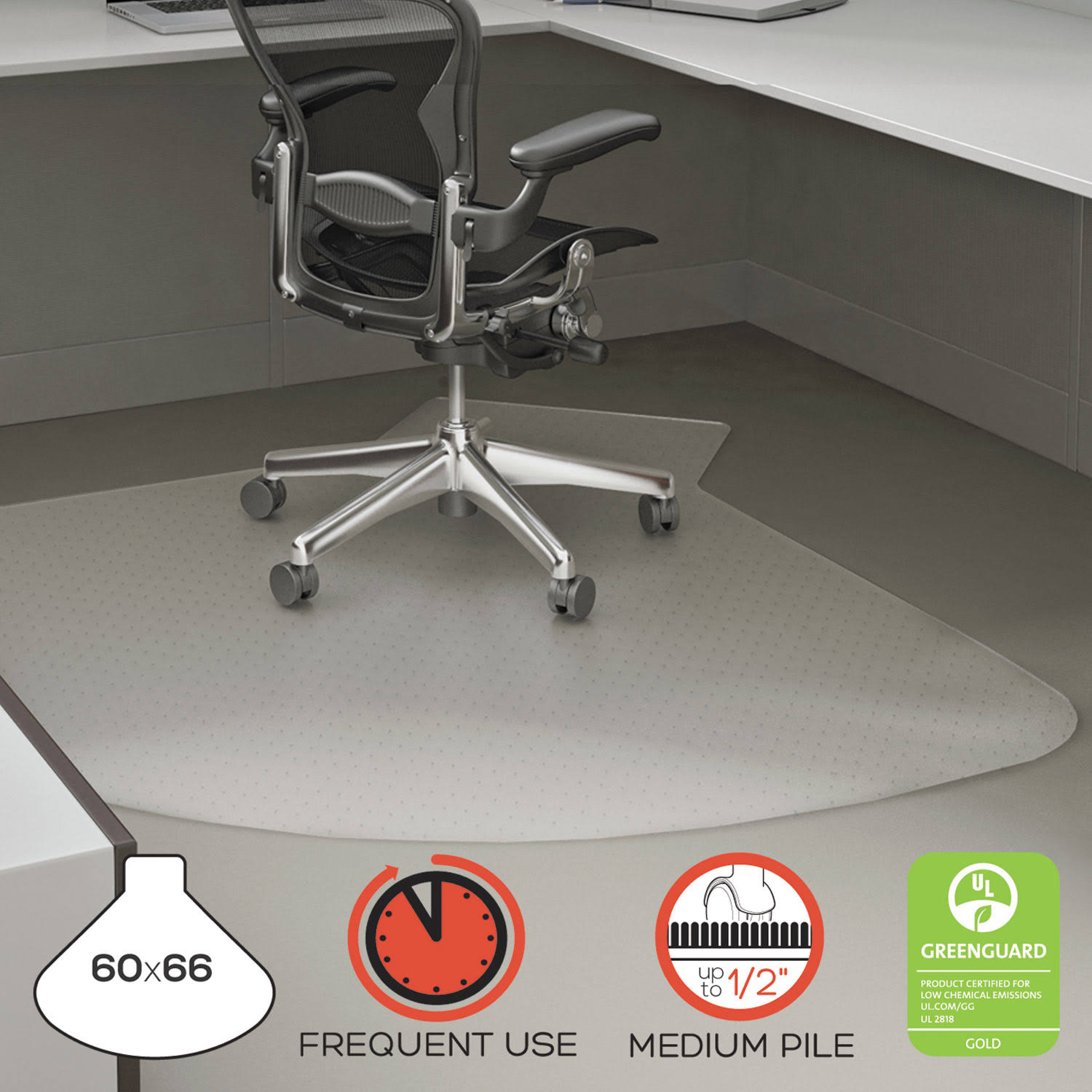 Deflecto CM14002K SuperMat Frequent Use Chair Mat, Medium Pile Carpet, 60 x 66, L-Shape, Clear