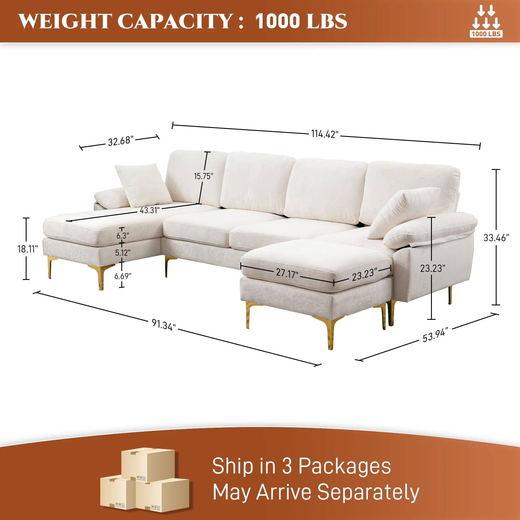 Rophefx Upholstered Velvet U-shaped Sectional Sofa With Ottoman