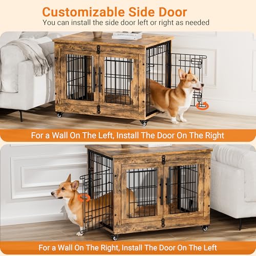 Lulive Dog Crate Furniture for Medium Dogs, 32'' Dog Kennel Indoor with Cushion & Wheels Wooden Dog Cage Double Doors Dog Crate End Table, Grey