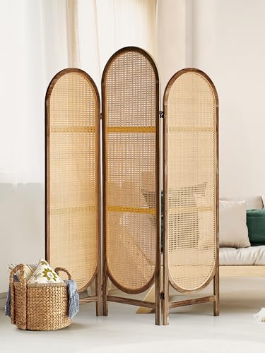 3 Panel Room Dividers and Folding Privacy Screens, Hand-Made Rattan Room Divider with Bi-Directional Hinge