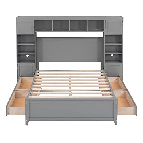 SOFTSEA Full Murphy Bed Wall Beds, Wood White Cabinet Bed 61.5” Foldable Platform Bed with Shelf for Guest Room