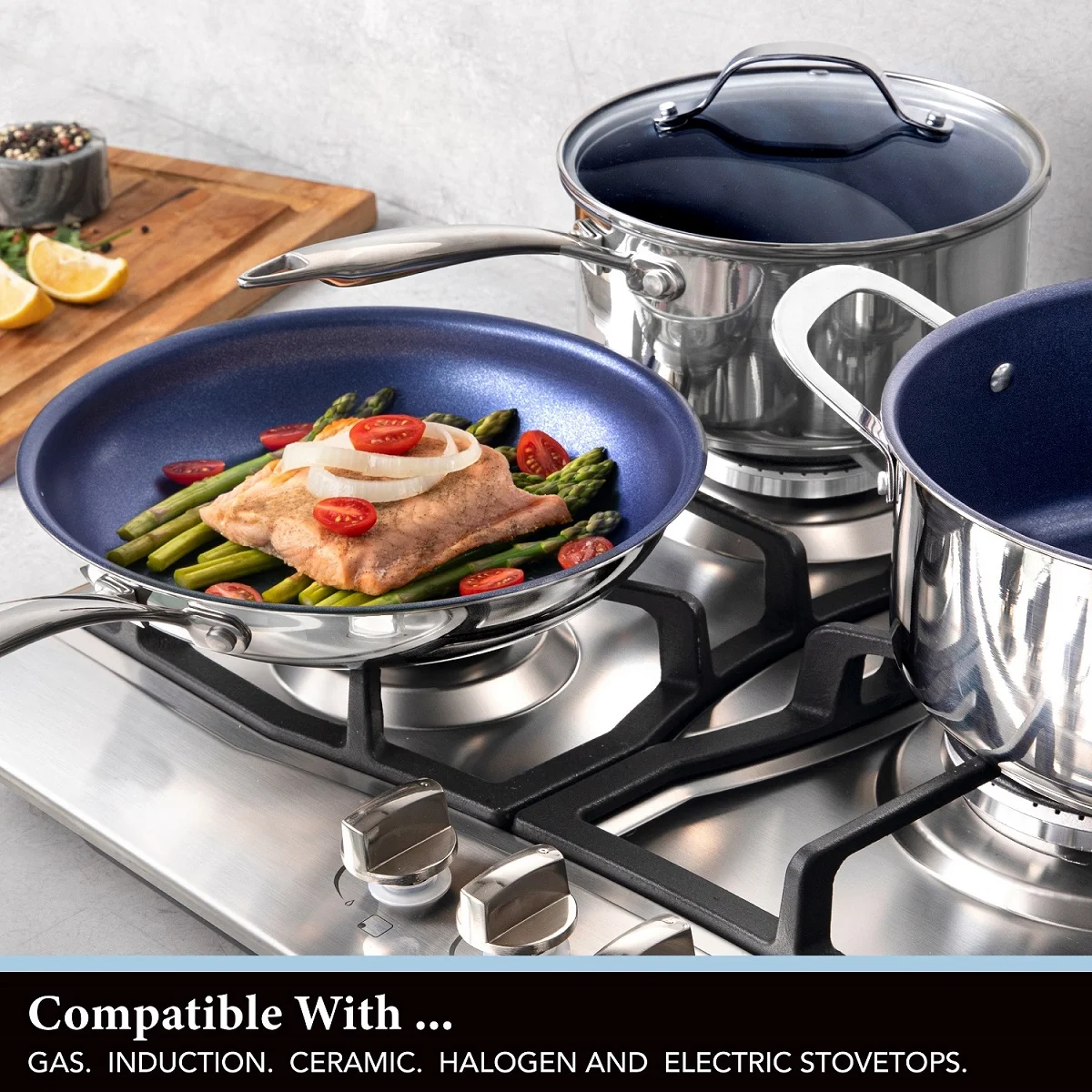 Granitestone Pro Stainless-Steel Pots & Pans Set Nonstick, Tri-Ply Base, 10 Piece Blue Nonstick Cookware Set includes Frying Pans