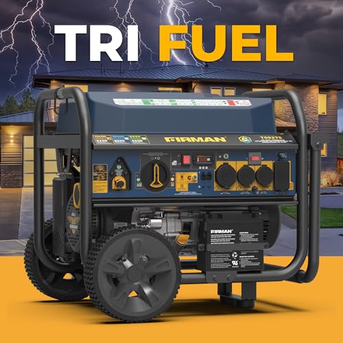 FIRMAN T09275 Tri Fuel Portable Generator, 11400W Electric Start, 120V/240V, CO Alert, 459cc Engine, 9-Gallon Tank, 11 Hrs Runtime, Wheel Kit