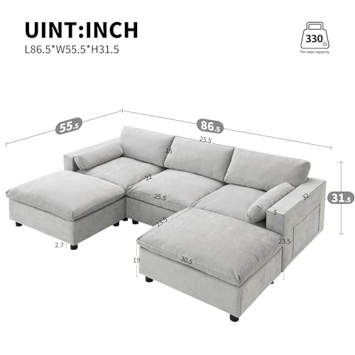Merax 86.5" Sectional Sofa with Storage Pockets & Removable Ottomans, 5 Seat U Shaped Sleeper Cloud Couch Set