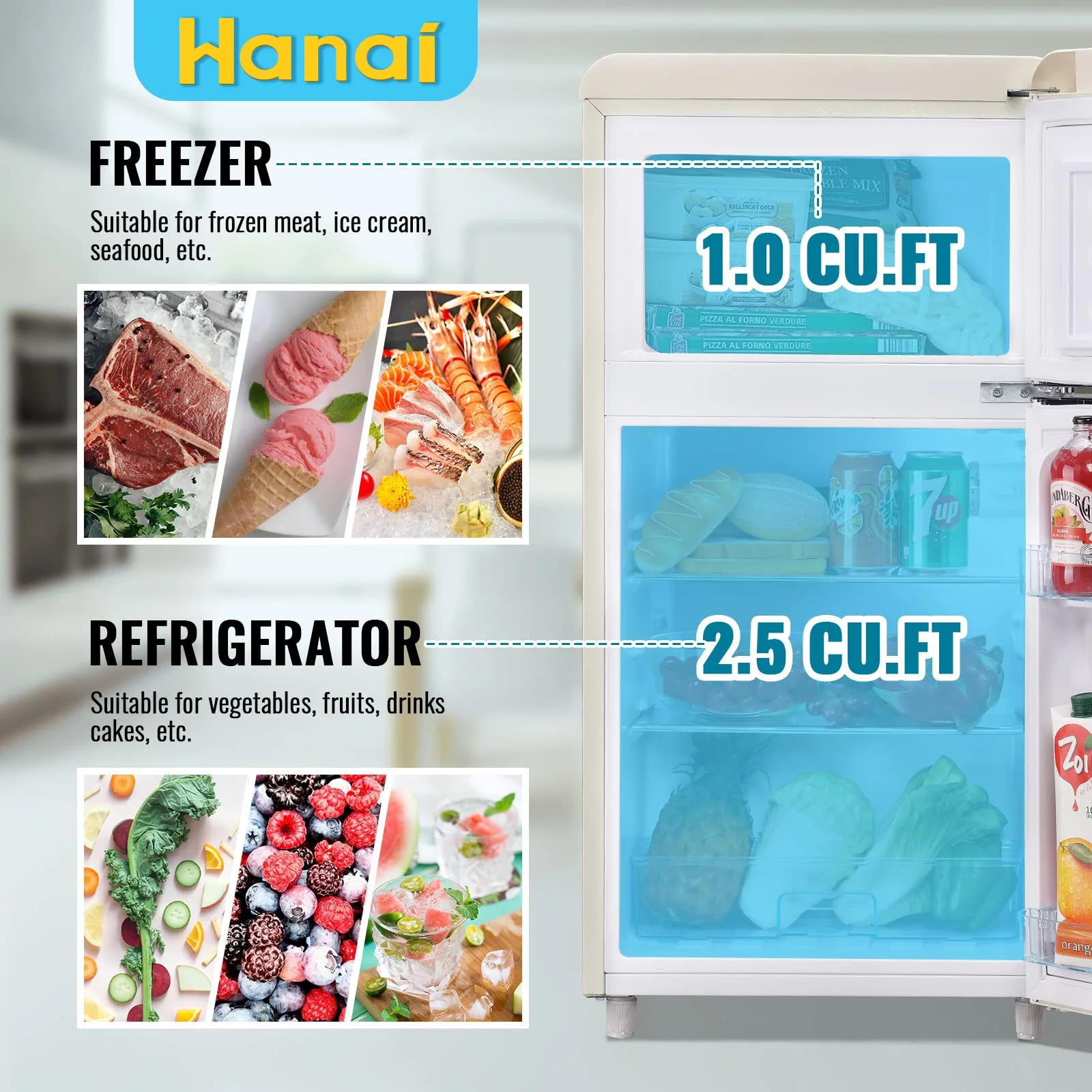 WANAI 3.5 Cu.ft Retro Mini Fridge with Freezer Small Refrigerators Dual Doors & Handles Cream