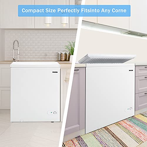 COSTWAY Chest Freezer, Quiet Small Deep Freezer with Top Open Door & Removable Basket, Compact Freezer with Two Rolling Casters for Apartments, Bars