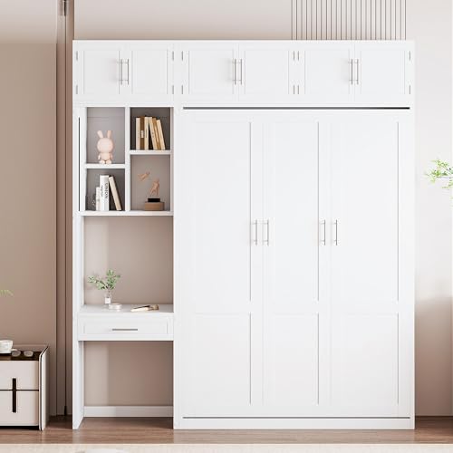 Polibi Full Size Wall Murphy Bed with Built-in Desk & Shelves - Multi-Functional Wall Bed for Small Apartments, 3 Storage Cabinets