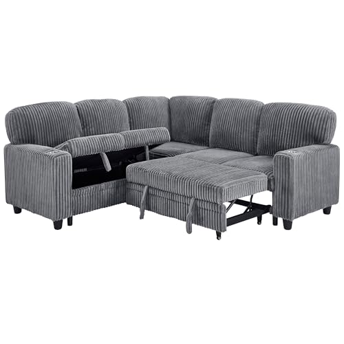 L-Shaped Pull Out Sleep Sofabed,Modern Reversible Sleeper Sectional Sofa Chenille Upholstered Button Tufted Decor with Storage Chaise