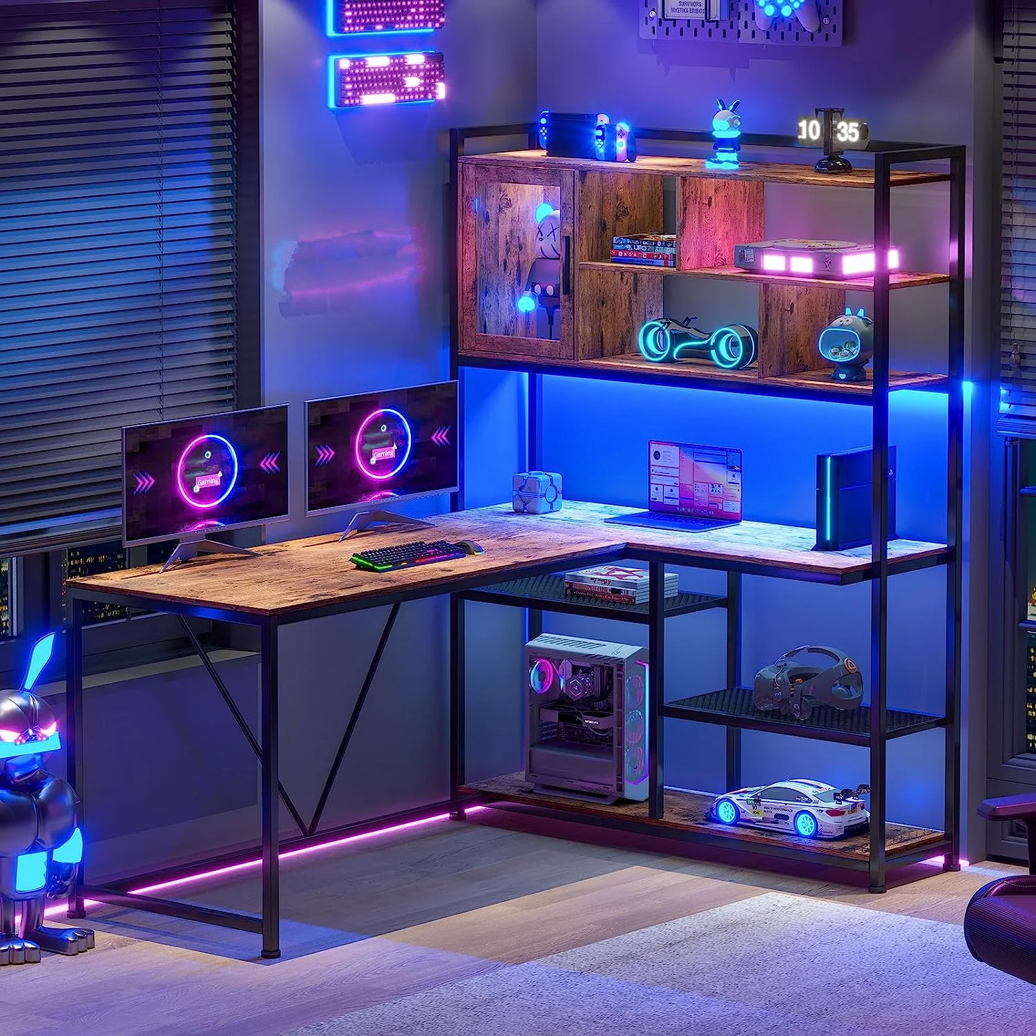 L Shaped Gaming Desk with LED Lights and Bookshelf, 58" Brown Home Office Desk Reversible Corner Computer Desk Table with Storage Shelves