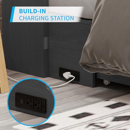 Mjkone Murphy Bed Cabinet,Built-in 3-Port Charging Station, 2 Storage Drawers, Foam Mattress, Queen Size Solid Wood Bed Cabinet