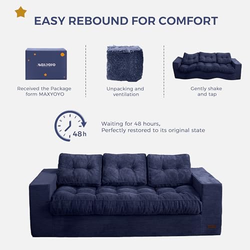 MAXYOYO 3 Seater Couch for Living Room, Boneless Couch with Tufted Cushion & Backrest, Upholstered Floor Sofa with Armrests, Sofa in A Box