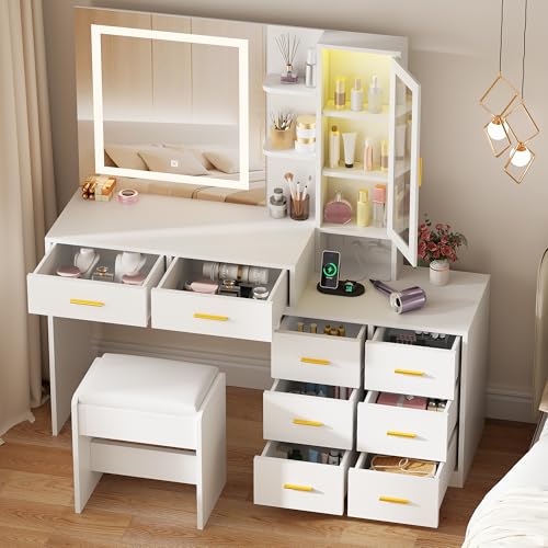 ANWBROAD 51.8" Makeup Vanity Desk with Mirror and Lights White Vanity Table with RGB Storage 8 Drawers Power Outlet Large Dresser Dressing Table with