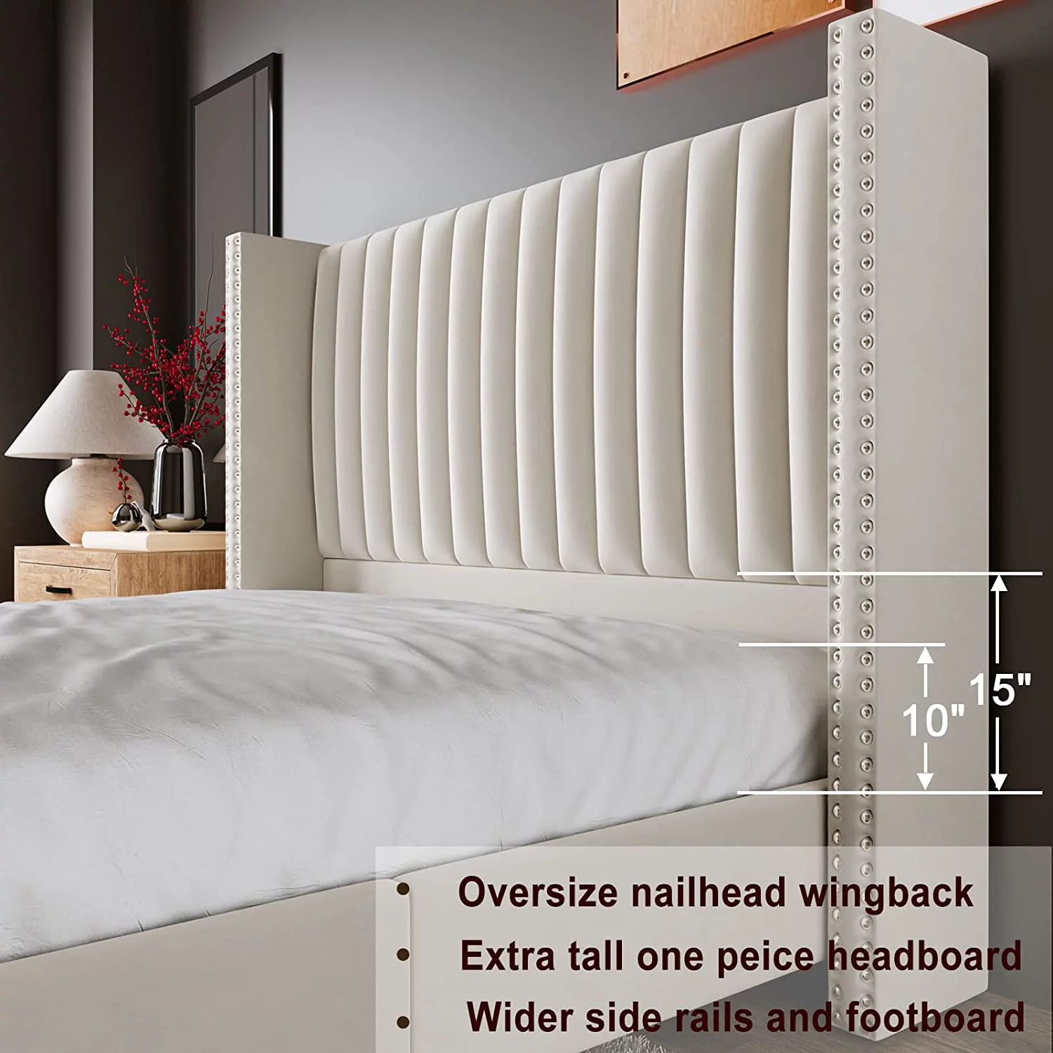 Jocisland Bed Frame King Size Upholstered Bed Wingback Headborad Velvet Channel Tufted/No Box Spring Needed/Cream