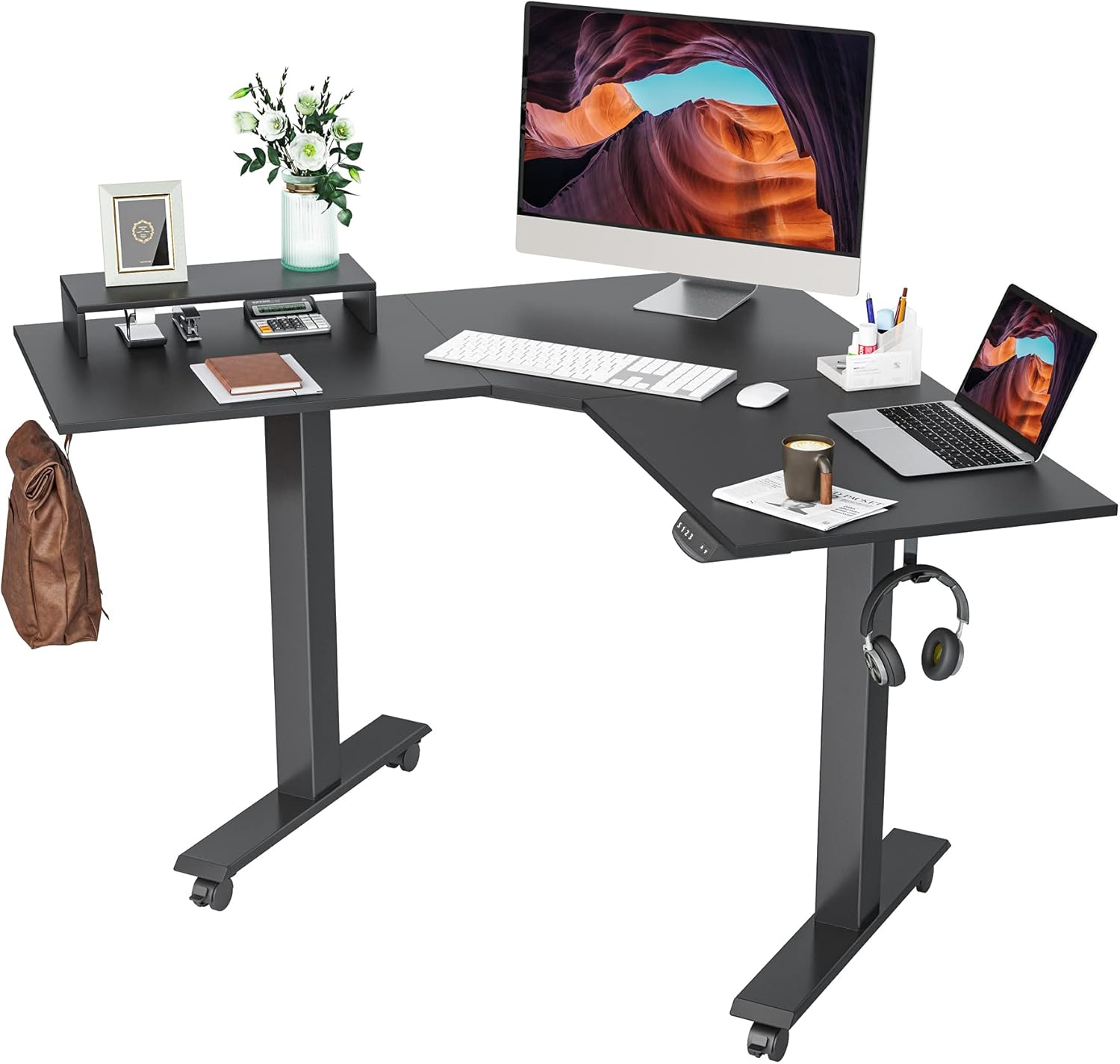 FEZIBO Dual Motor L Shaped Electric Standing Desk, 48 Inches Height Adjustable Corner Desk, Home Office Sit Stand Desk with Bamboo Top and Black Frame
