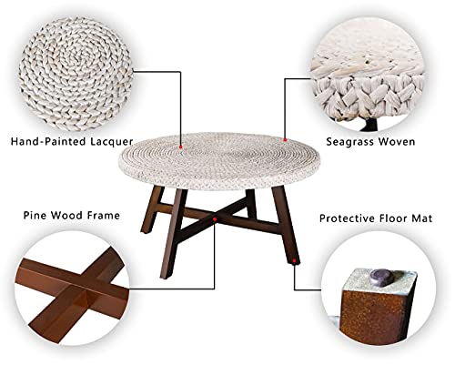 RANDEFURN Coffee Table Round, Seagrass Coffee Tables,Pine Wood X Base Frame Cocktail Table, Easy Assembled, Multiple Sizes for Living Room