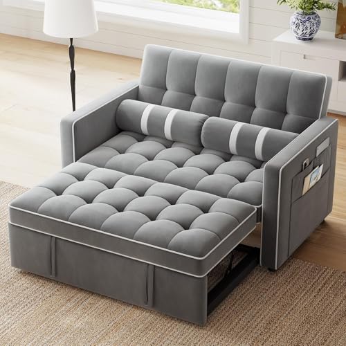 Marsail Sofa Bed, 3-in-1 Convertible Sleeper Sofa, Futon Couch with USB Charging, Side Pockets & Adjustable Backrest, Pull Out Couch for Living Room
