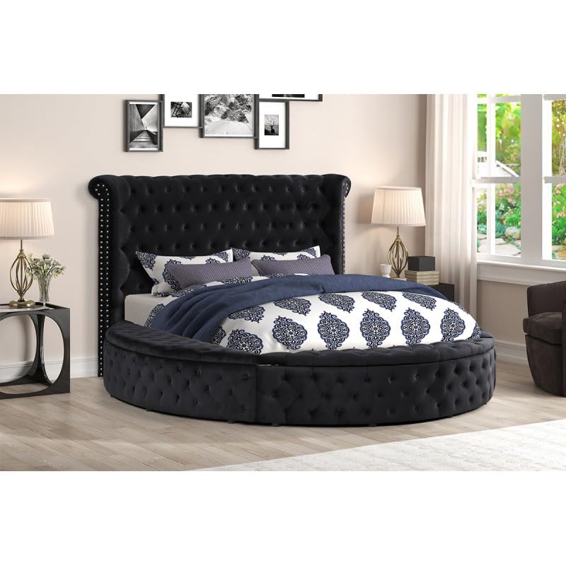 First of a Kind Circle Velvet tufted upholstered platform storage bed, Circle Bed with Button Tufting and Storage Compartments in Rails and Footboard