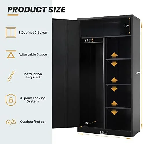RUNFAYBIU Metal Wardrobe Closet - 72" Bedroom Armoires with Lock   Locker with Adjustable Shelves and Removable Hanging Rods (White)