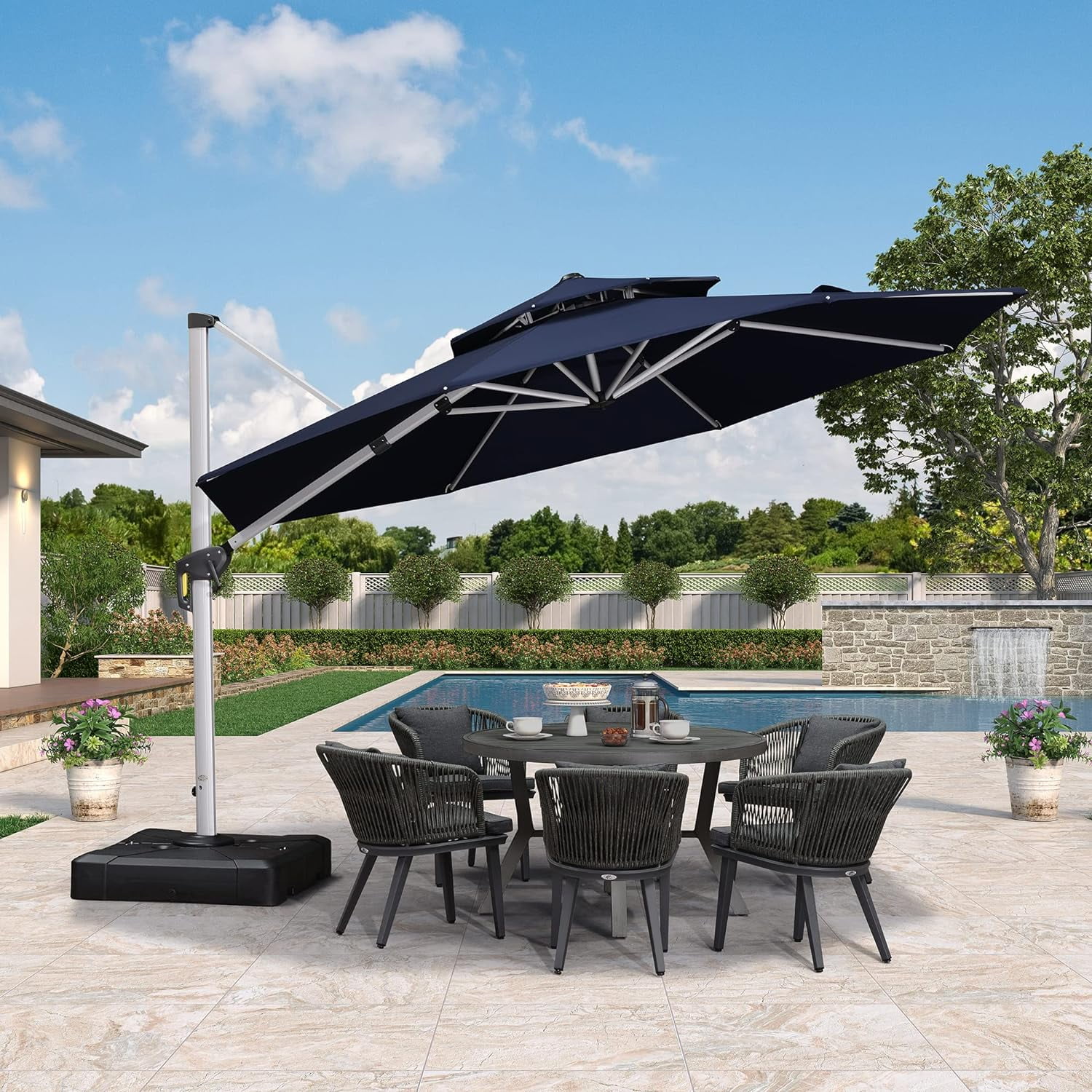 PURPLE LEAF Patio Umbrella 12 Feet Double Top Round Deluxe Offset Hanging Umbrella Outdoor Market Umbrella Garden Umbrella, Navy Blue