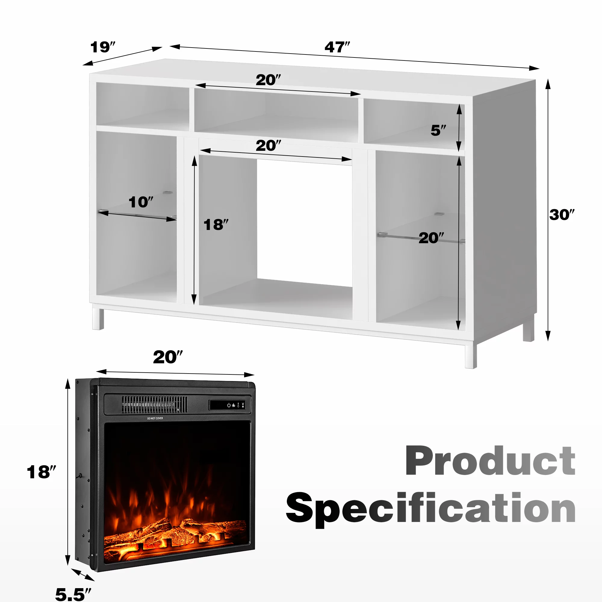 Fireplace TV Stand with 18" Electric Fireplace, Entertainment Center with Adjustable Glass Shelves, TV Console for TVs up to 47"