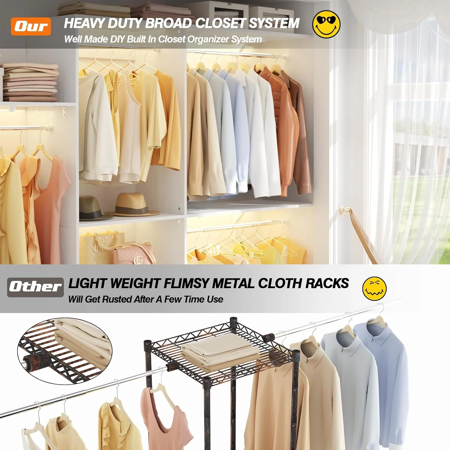 Homieasy 96'' Closet System, 8FT Walk In Closet Organizer with 3 Shelving Towers, Heavy Duty Bedroom Wardrobe with 5 Shelves