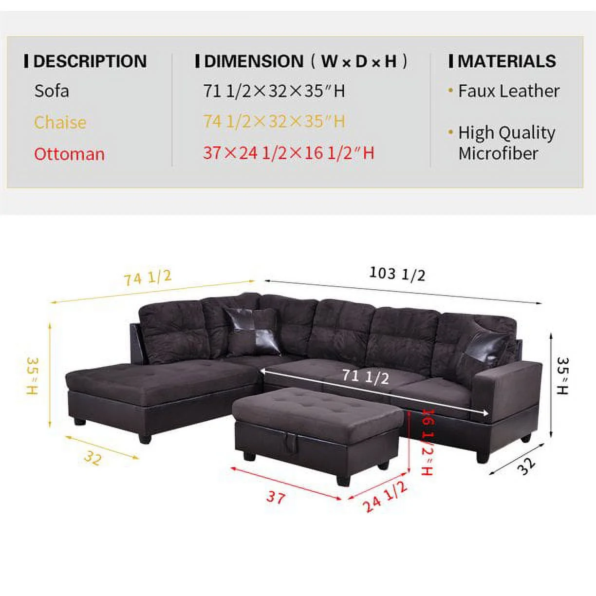 PonLiving 103.5" Wide Corner Microfiber Sectional Sofa with Storage Ottoman & Matching Pillows Right Hand Facing, Espresso