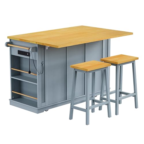 Rolling Kitchen Island with Drop Leaf & Power Outlet, Large Kitchen Islands Cart on Wheels