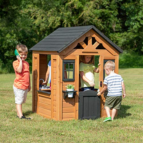 Backyard Discovery Sweetwater Cedar Wooden Kids Playhouse Cottage with Play Kitchen, Snack Bar, Half Door, Toy Phone, Windows, Flowerpot Holders