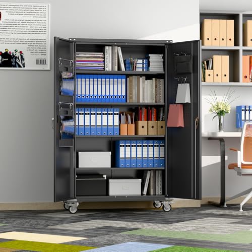 71" Metal Storage Cabinet with Wheels and Pegboard, Lockable Rolling Steel Storage Cabinet with 5 Adjustable Shelves and Door for Garage, Office