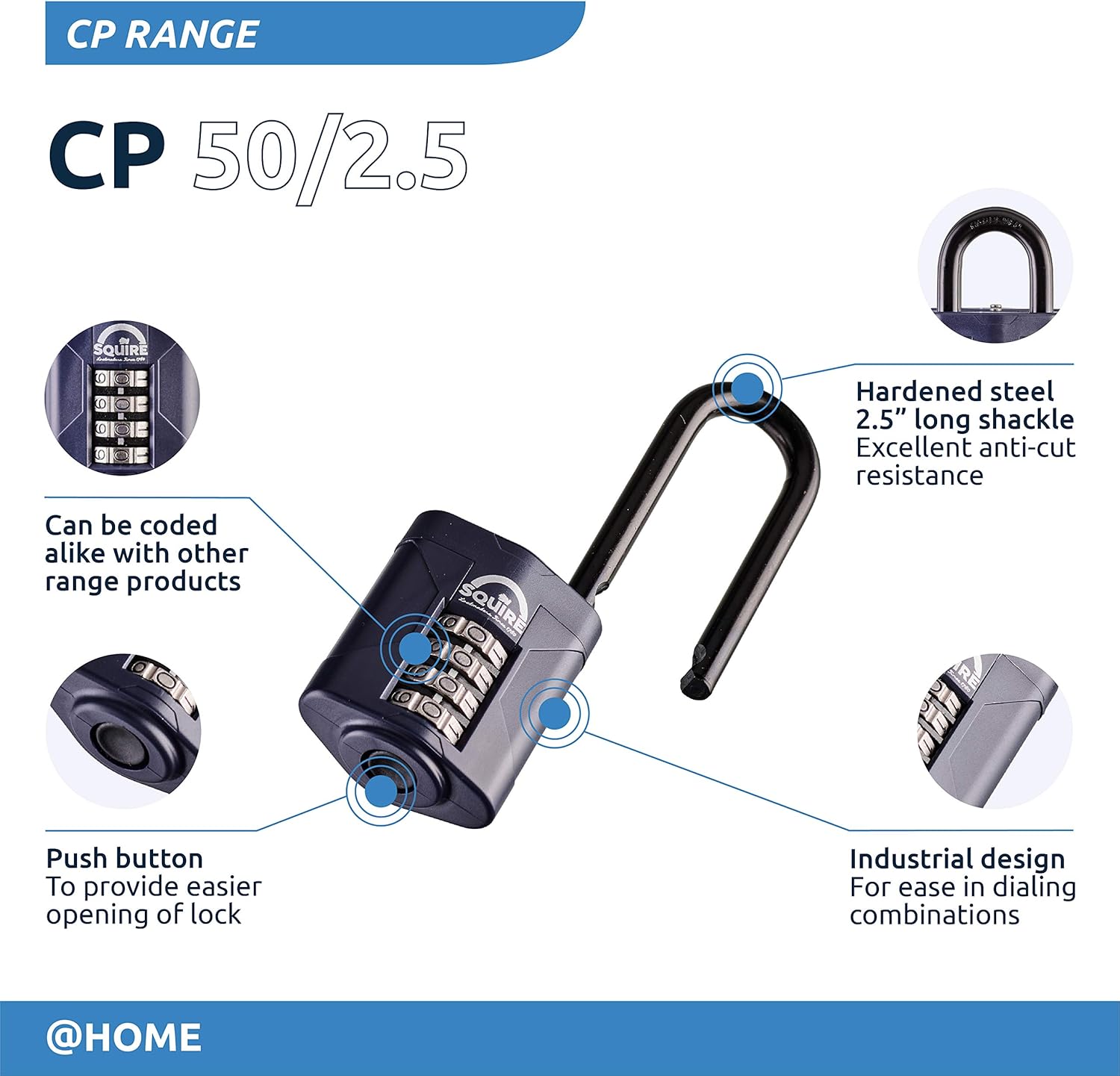 Squire Heavy Duty Padlock (CP50/2.5) - Toughest Extra Long Shackle - 4 Wheel Combination Padlock - Alloy Steel for Corrosion Resistance